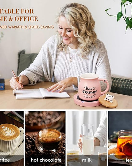 Coffee Mug Warmer, Best Grandma Ever Mug, Cute Cat Mug Set, Coffee Cup Warmer for Desk, Gifts for Grandma, Pink Heated Coffee Warmer for Nana Home Office Christmas Birthday Gifts