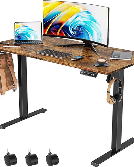 48 x 24 inch Electric Standing Desk Adjustable Height with 4 Wheels, 4 Memory Height Settings, 2 Headphone Hook, for Home Office, Splice Board Brown