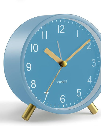 Analog Alarm Clock, 4 inch Super Silent Non Ticking Small Clock with Night Light, Battery Operated, Simple Design, easy setting for Office, Bedroom, Bedside, Desk, teens, elders, kids, adult, Skyblue