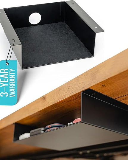 COREMINDED Under Desk Storage Shelf - Carbon Steel Under Desk Tray with Cable Management, Mountable Add-On Shelf for Table & Office Desks (7.5" x 8" x 2.8")