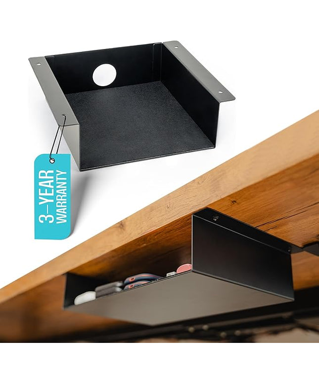 COREMINDED Under Desk Storage Shelf - Carbon Steel Under Desk Tray with Cable Management, Mountable Add-On Shelf for Table & Office Desks (7.5" x 8" x 2.8")