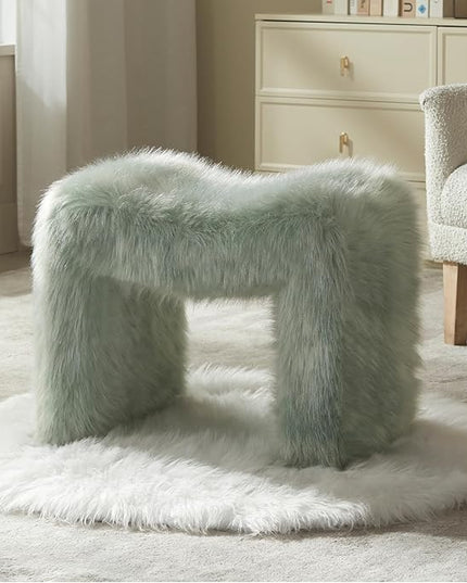 Vanity Stool Chair Small Footstool Ottoman Faux Fur Seating Backless Modern Foot Rest Ottoman Furry for Makeup Room Living Room Bedroom Entryway,Green (Single 1)