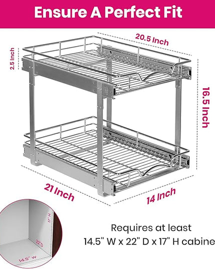HOLDN’ STORAGE Two Tier Pull Out Cabinet Organizer, Individual Sliding Drawers - Heavy Duty Metal with Lifetime Limited Warranty - Anti Rust Chrome Finish - 14" W x 21”D x 16.5" H
