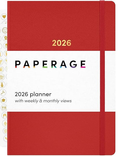 PAPERAGE 2026 Weekly & Monthly Planner, 12 Months (January 2026 - December 2026), 5.6 in x 8 in, Hardcover 2026 Planner with Weekly & Monthly Spreads, Note Pages, Stickers & Back Pocket – Red