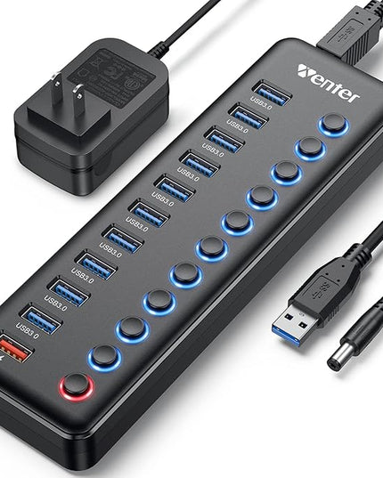 Powered USB Hub, Wenter 11-Port USB Splitter Hub (10 Faster Data Transfer Ports+ 1 Smart Charging Port) with Individual LED On/Off Switches, USB Hub 3.0 Powered with Power Adapter for Mac, PC