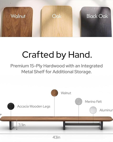 KIVY Dual Monitor Riser with Integrated Metal Shelf - Wooden desk shelf for top of desk - Wood monitor stand for desk 2 monitors / tv - Dual monitor stand riser for desk - Large walnut monitor stand