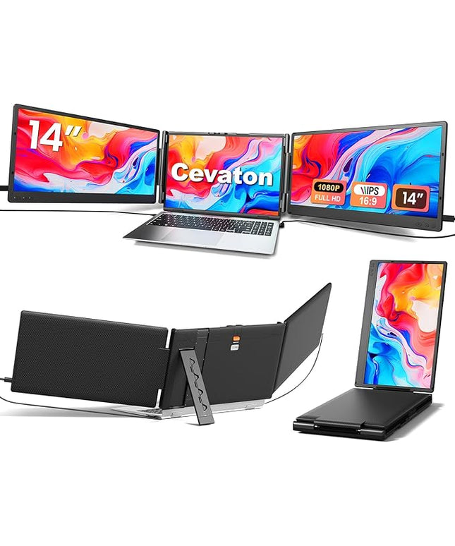 Cevaton Laptop Screen Extender, 14" FHD 1080P Triple Portable Monitor, Plug & Play Screen Extender, Auto Adjust Width Dual Monitor for 13" - 17" Laptops, Compatible with MacOS/Wins/Chrome/Dex