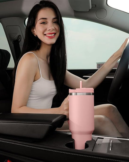 40oz Tumbler with Handle,Double Wall Vacuum Reusable Stainless Steel Insulated Water Bottle,With Leak Proof lid and Straw for Iced or Cold Beverages (light pink)