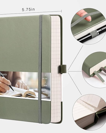 EMSHOI Notebook College Ruled - 256 Numbered Pages, 120 Gsm Thick Paper, A5 Hardcover Leather Lined Journal for Men & Women Work School Journaling Writing Diary 5.7" X 8.3"(Green)