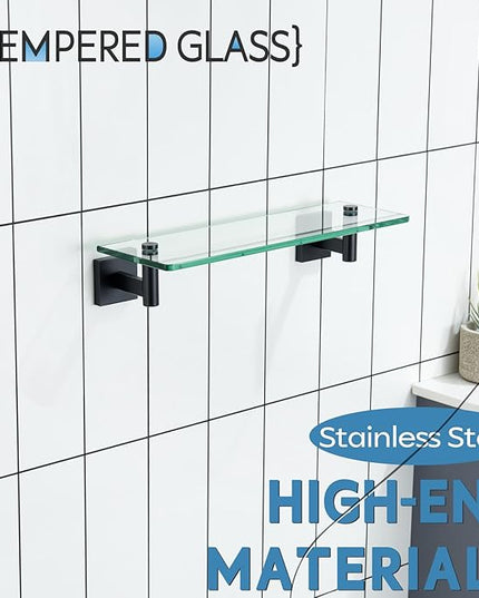 KOKOSIRI Bathroom Shelves Glass Floating Shelf 16-Inch for Bedroom, Living Room, Kitchen, Small Hanging Rack Rustproof Wall Mounted Black B1105BK-L16