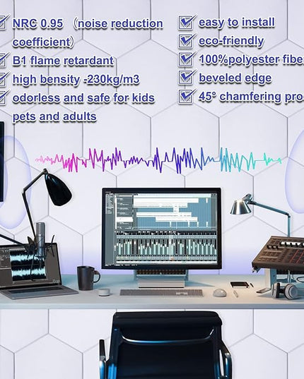18 Pack Self-Adhesive Acoustic Panels Soundproof Wall Panels 12"X10"X 0.4" Sound Absorbing Panel for Decoration Sound Deadening Panels Acoustic Treatment Panel for Home Office（White Hexagonal Design）