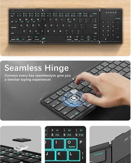 Nillkin Upgraded Foldable Bluetooth Keyboard with Touchpad & Number Pad, Portable Wireless Keyboard for Travel, Pocket-Sized, Full Size Keys, Support 3 Devices for iPad Laptop Tablets Phone, Black