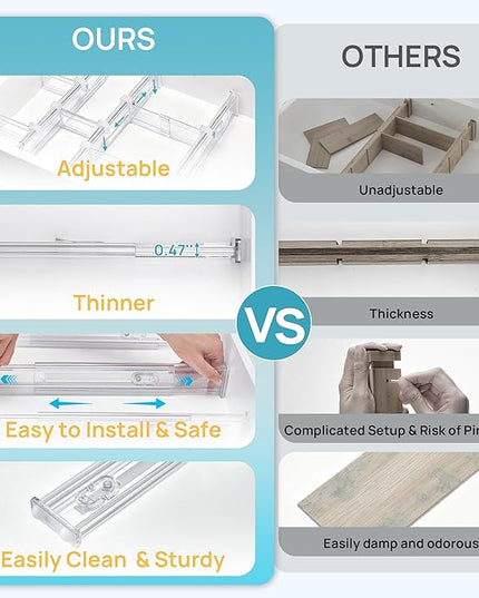 Vtopmart 2.36” Drawer Dividers with Expandable Inserts, 12.8"-22.3" Adjustable Kitchen Drawer Organizer, Clear Plastic Organizer Separator for Flatware, Utensil, Cutlery, 8 Dividers with 14 Inserts