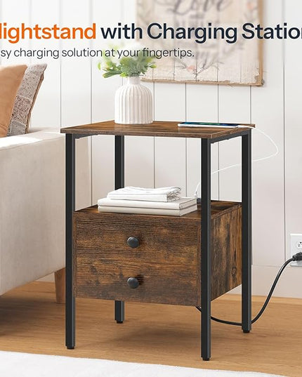 HOOBRO End Table Set of 2 with Charging Station, Bedside Table with 2 Drawer & USB Ports & Type-C Port, Nightstand for Small Spaces, Stable and Sturdy, for Living Room, Rustic Brown BF43UBZP201