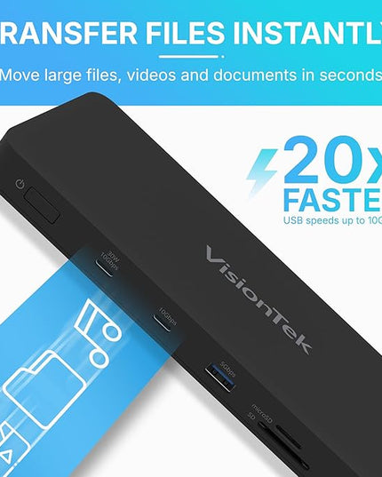 VisionTek VT8100DL Four Display Docking Station for Windows, MacOS, ChromeOS, Connect with USB-C, Thunderbolt 5/4/3, 100W Laptop Charging, 4K Displays, 2X HDMI, 2X DisplayPort, USB-A, USB-C, SD Reader