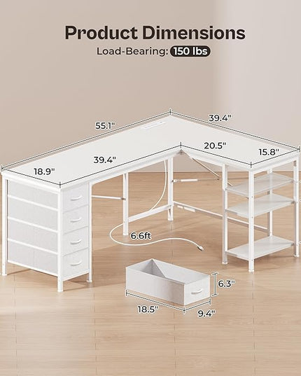 Huuger 55 Inch L Shaped Desk with Fabric Drawers, Reversible Computer Gaming Desk with Power Outlets and USB-C Port, Adjustable Side Storage Shelves, for Work Study Corner Home Office, White
