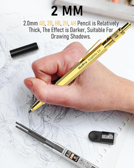 Nicpro 30PCS Art Mechanical Pencils Set in Leather Case, Gold Metal Drafting Pencil 0.5, 0.7, 0.9 mm, 2mm Lead Pencil Holder for Sketching Drawing With 16 Tube (6b 4B 2B HB 2H 4H Colors) Lead Refill