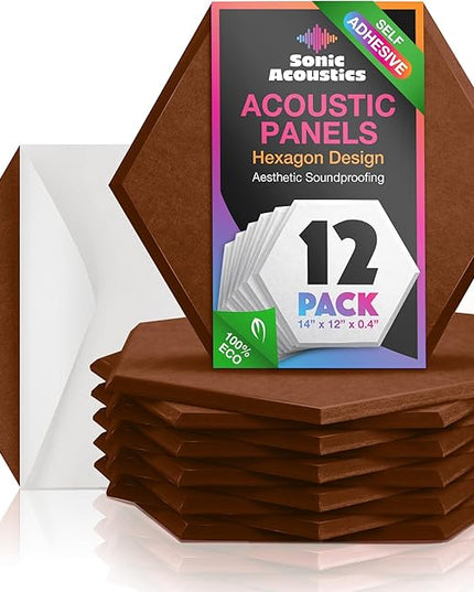 Acoustic Panels 12 Pack Soundproof Wall Panels, 14" X 12" X 0.4" Sound Proof Panles, High-Density Wall Decoration Sound Absorbing Panel, Hexagon Wall Panel for Home Office with Self-Adhesive-Coffee