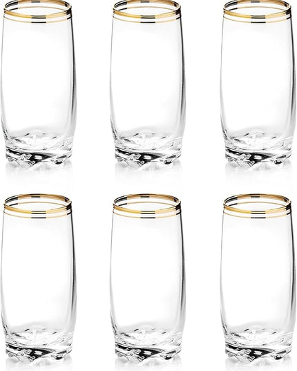 13.25 Oz Gold Glass Cup (Set of 6) - Elegant Drinking Glasses with Gold Accented Rim, Durable Glassware for Entertaining, Dining, Everyday Use - Ideal for Cocktails & Beverages