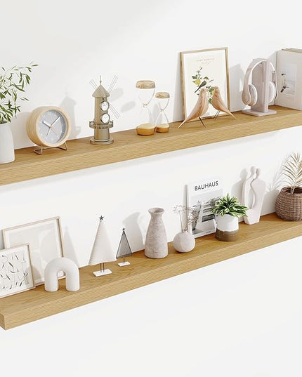 Fun Memories 55 Inch Floating Shelves Bedroom, Large Extra Floating Shelf Set of 2 with Invisible Brackets, Oak