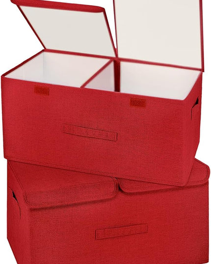 2 Pack Storage Boxes with Lids and Handles, Collapsible Linen Storage Bins Organizer Containers Baskets Cube with Removable Divider for Home Bedroom Closet Office (Red, Large)