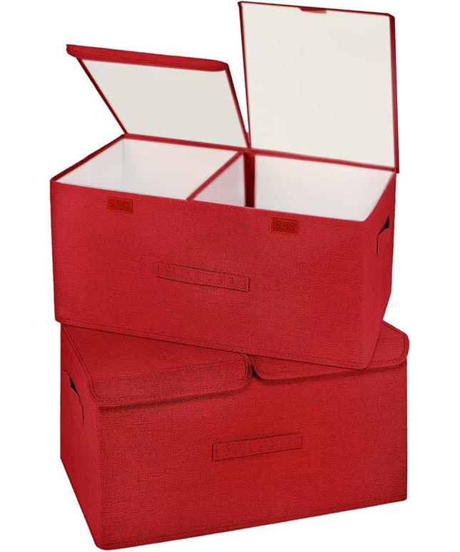 2 Pack Storage Boxes with Lids and Handles, Collapsible Linen Storage Bins Organizer Containers Baskets Cube with Removable Divider for Home Bedroom Closet Office (Red, Large)