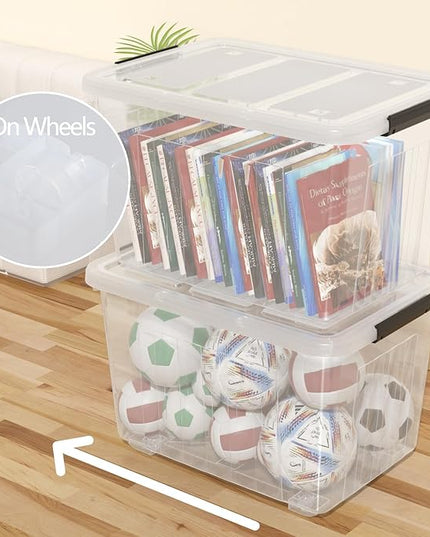 70 Quart Large Plastic Storage Box, Clear Latching Bin with Lid and Wheels, 4 Packs