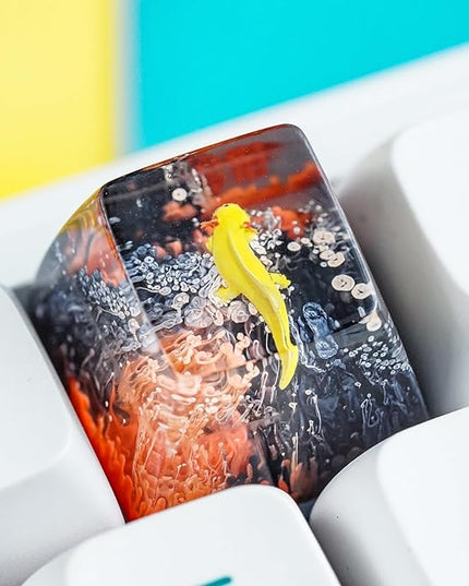 Yellow Axolotl in Red Black Ocean Coral Artisan Keycap R1 SA Profile Custom Animal Keycaps 1U ESC Handmade Gaming Resin Key Cap Cherry MX Switch Compatible Mechanical Keyboard Axolotl Lover Gift