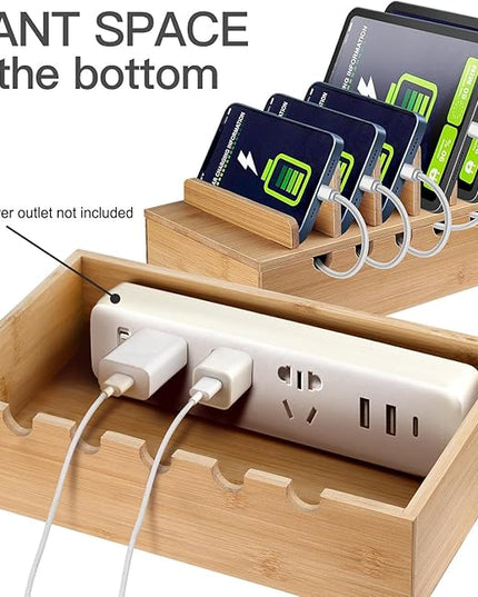 Bamboo Charging Station for Multiple Devices, Cell Phone Docking Charging Station Organizer, Nightstand Bedside Desk Device Charger Organizer for Laptop, Tablets and iPads