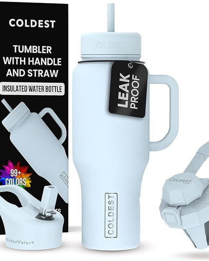 Coldest Tumbler with Handle and Straw - 100% Leak Proof Insulated Tumbler with Lid and Straw (3 Lids) - Stainless Steel Tumblers for Women & Men - Cup Holder Friendly Base, 36 oz (Morning Mist)