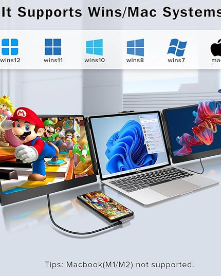 CopGain Laptop Screen Extender - 14 Inch 1080p FHD IPS Triple Portable Monitor for 13-17.3 Inch Laptops - Plug and Play Type-C/HDMI for Windows, Mac