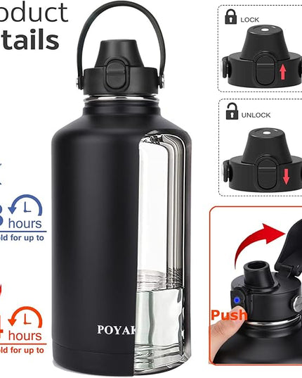 Water Bottle Insulated 32oz 40oz 64oz 128oz Straw Lid Spout Lid & 3 Lids, Leak Proof, Vacuum Insulated,Stainless Steel Water Bottle Wide Mouth for Sports, Gym or Office