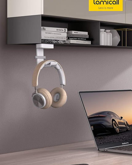 Lamicall Headphone Stand, Sticky Headset Hanger - 360 Degree Rotation Earphone Adhesive Hook Holder Mount, Table Headphone Stand with Cable Organizer, Headset Clamp for HyperX, Sennheiser -White