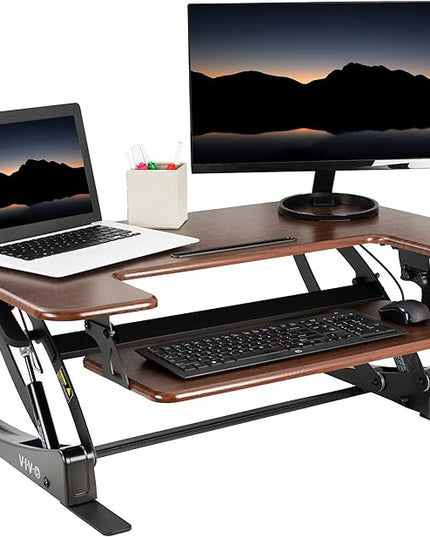 VIVO 36 inch Height Adjustable Stand Up Desk Converter, V Series, Quick Sit to Stand Tabletop Dual Monitor Riser Workstation, Dark Walnut Top, Black Frame, DESK-V000VD