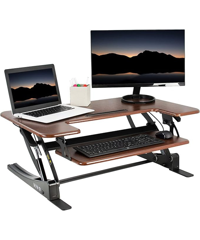 VIVO 36 inch Height Adjustable Stand Up Desk Converter, V Series, Quick Sit to Stand Tabletop Dual Monitor Riser Workstation, Dark Walnut Top, Black Frame, DESK-V000VD