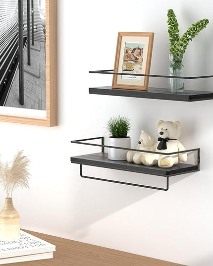 ZGO Floating Shelves for Wall Set of 2, Wall Mounted Storage Shelves with Black Metal Frame and Towel Rack for Bathroom, Bedroom, Living Room, Kitchen, Office (Black)