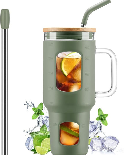 Glass Tumbler with Straw and Lid, 40 oz glass cup with handle, Glass Water Bottles with Time Marker, Silicone Protective Sleeve-Olive