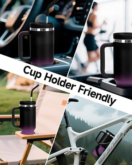 40oz Tumbler with Handle and Straw Spout 2-in-1 Lid, Spill Leak Proof Insulated Travel Cup Traveler Water Mug Keep Cold Hot, Dishwasher Safe Stainless Steel Bottle Gifts for Women Men, Black Purple