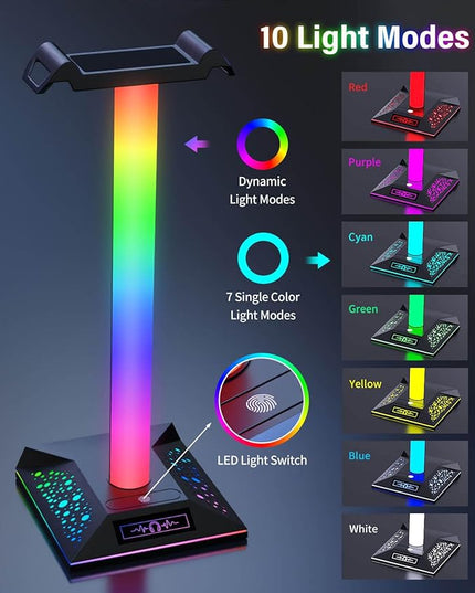 RGB Gaming Headset Stand, LED Headset Holder with 3 Charging Ports (2 USB & 1 Type-C) & 10 Lighting Modes, Headphone Stand Cool Stuff for Boys, Desk PC Gaming Accessories Gifts for Gamers Men Adult