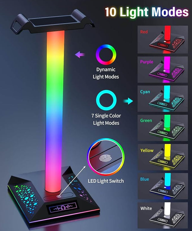 RGB Gaming Headset Stand, LED Headset Holder with 3 Charging Ports (2 USB & 1 Type-C) & 10 Lighting Modes, Headphone Stand Cool Stuff for Boys, Desk PC Gaming Accessories Gifts for Gamers Men Adult