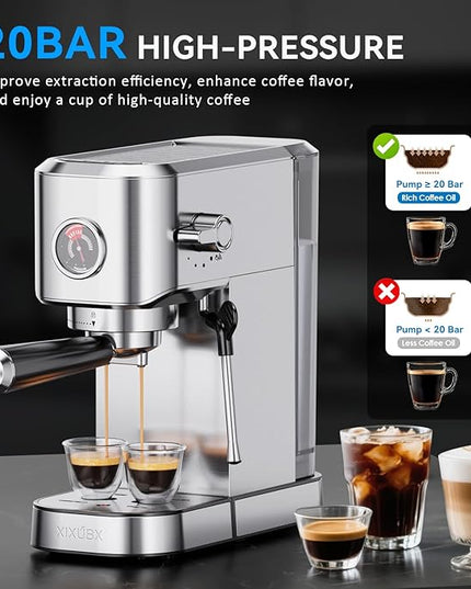 20Bar Espresso Machine, Compact Espresso Maker with Milk Frother, Stainless Steel Coffee Machine for Cappuccino&Latte, 42oz Water Tank, Visible Pressure Gauge, Home&Office, Silver