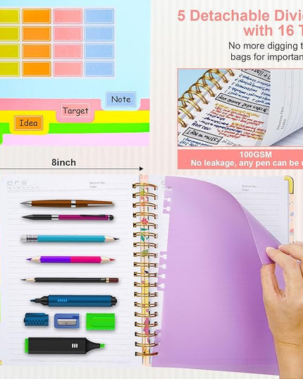 Spiral Journal Notebooks for Work, 300 Pages 5 Subject Notebook College Ruled with Dividers & Tabs, 8''x 10'' Large Notebook Journal for Women Students Note-Taking and Organizer (Beige Bloom)