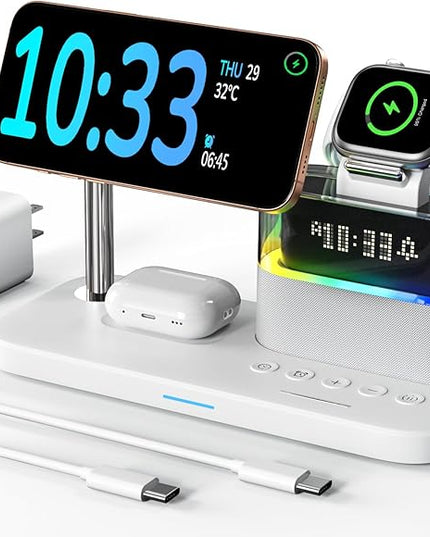 5 in 1 Wireless Charging Station for Apple,Magnetic Charger with Alarm Clock Night Light for Multiple Devices,Nightstand Charging Station Compatible with iPhone 17/16/15/14/13/12,Apple Watch,Air-Pods