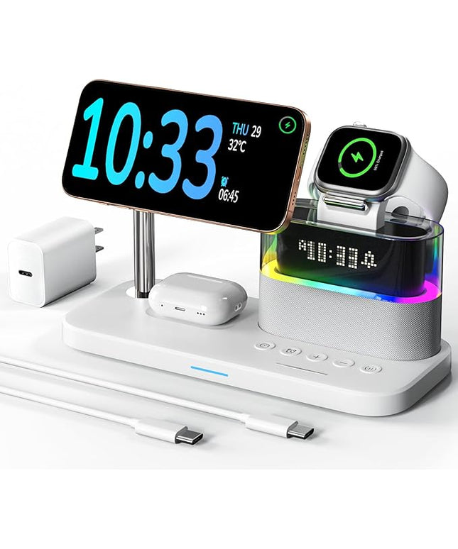 5 in 1 Wireless Charging Station for Apple,Magnetic Charger with Alarm Clock Night Light for Multiple Devices,Nightstand Charging Station Compatible with iPhone 17/16/15/14/13/12,Apple Watch,Air-Pods