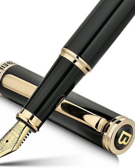 BEILUNER Black Fountain Pen,Stunning Luxury Pens with 24K Gold Accents, Gorgeous 24K Gilded Nib(Fine), Trustworthy Pen Gift for Men&Women -Ink Converter-Elegant, Reliable,Fancy Pen for Writing