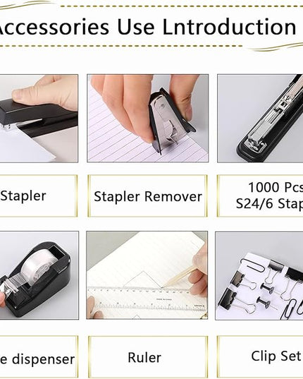 Office Supplies Set,Desk Accessories,Stapler and Tape Dispenser Set,1000 Staples,Staple Remover,Hinder Clips,Ruler,Scissor,Clear Tape,Ballpoint Pen,Sticky Notes,Gifts for Colleagues(Black)