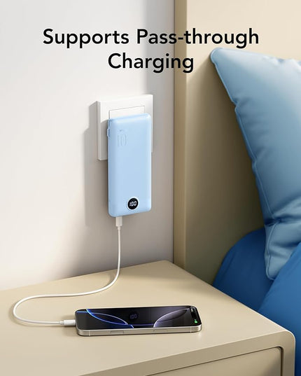 VRURC Portable Charger with Wall Plug and Cables, 10000mAh Power Bank with 22.5W Fast Charging USB Port,4 Outputs Dual Inputs Slim Compact Rechargeable Battery Pack Travel Accessories-Blue(1 Pack)