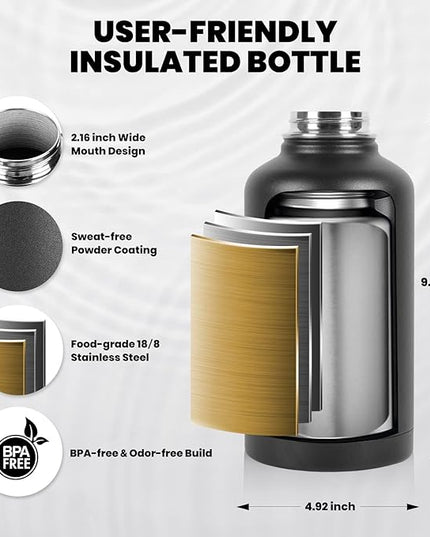 Insulated Water Bottle 64 oz, Triple Wall Vacuum Stainless Steel (Cold for 48 Hrs), Leak Proof & Non-BPA, Half Gallon Water Flask Jug with Paracord Handle & Straw Spout Lids, Magic Black