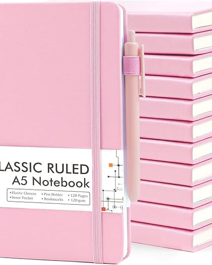 feela 12 Pack Notebooks Journals Bulk, Hardcover Notebook Classic Ruled Lined Journals with Pen Holder for Women Girls School Business Supplies, with 12 Black Pens, 120 GSM, 5.1”x8.3”, A5, Rose Pink