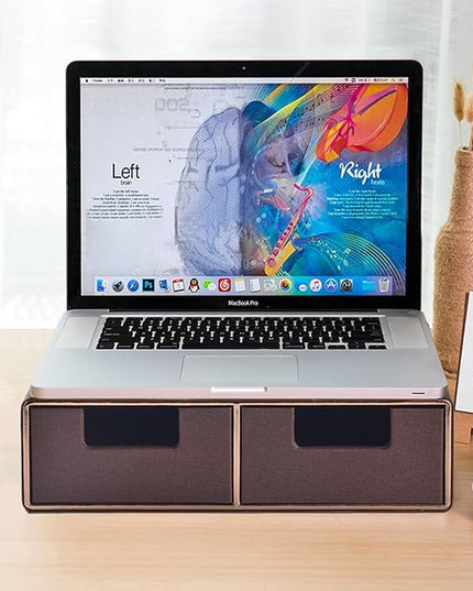 Linen Leather Desk Organizer and monitor stand with Drawers－Mini Desktop Drawer Organizer Stackable－Tabletop Organization Storage Box for Office Supplies Home Vanity Toiletries (Brown, 2-drawers)